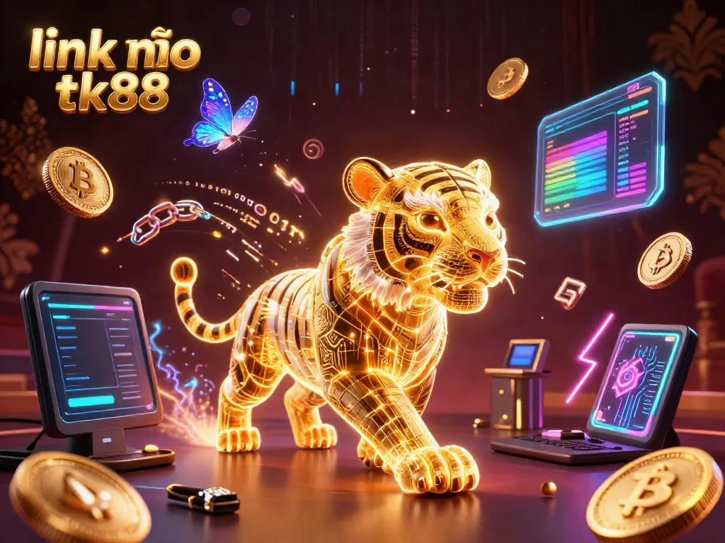 Experience the excitement of link vào tk88 with vibrant casino elements and a digital golden tiger.