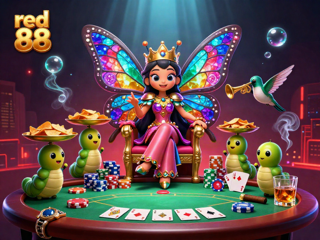 Engage with red 88's vibrant casino atmosphere featuring a butterfly queen, poker elements, and colorful chips.
