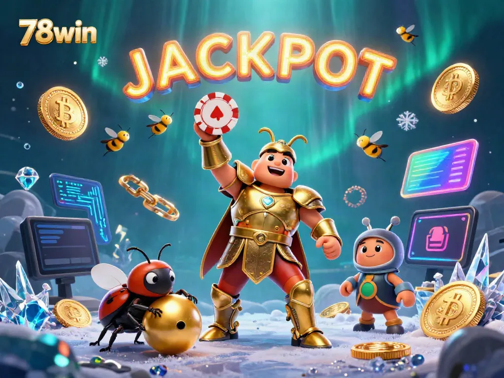 Engage with a vibrant scene featuring 78win, where a heroic beetle celebrates a jackpot in a lively casino atmosphere.