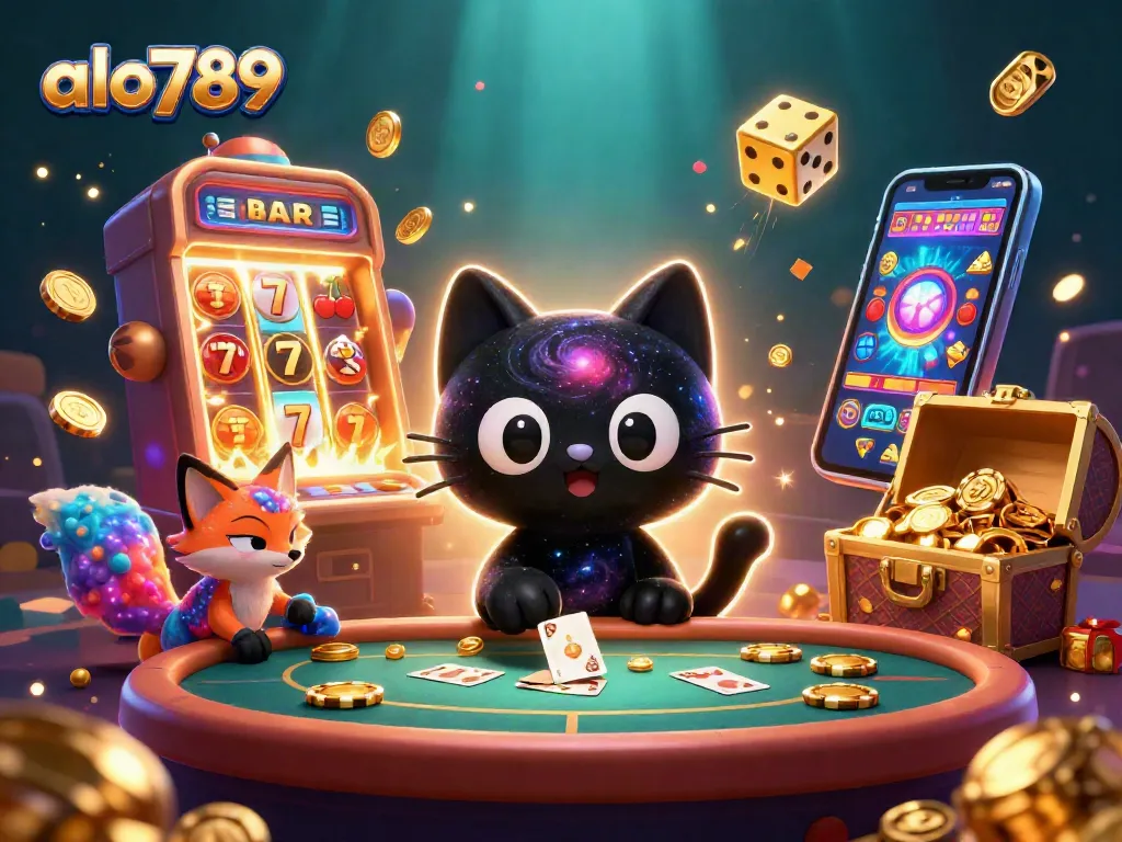 Experience exciting gambling with alo789 featuring a cosmic cat and magical elements.