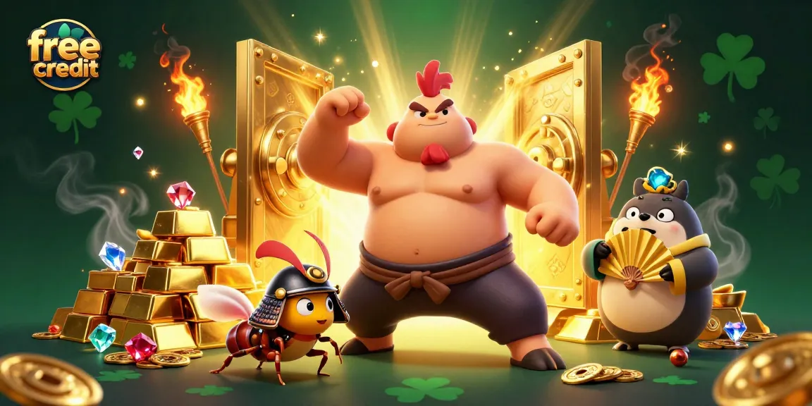 Engage with free credit incentives at an exciting online casino featuring colorful characters and treasures.