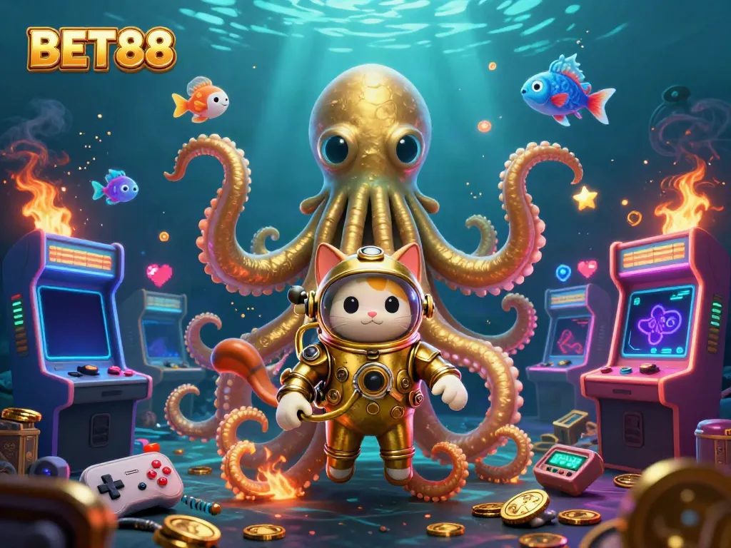 Engage with BET88 in an exciting underwater scene of a kraken, diving cat, and glowing fish surrounded by vibrant gaming elements.