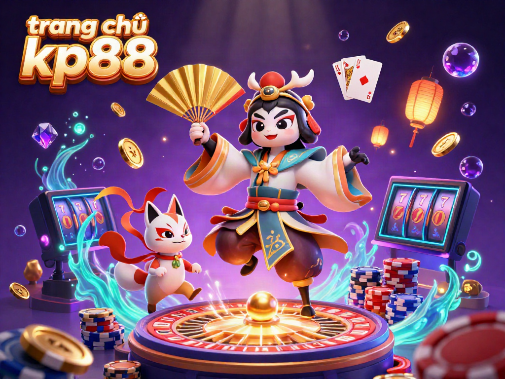 Experience an energetic scene featuring characters and gaming elements representing "trang chủ kp88" in a vibrant casino environment.