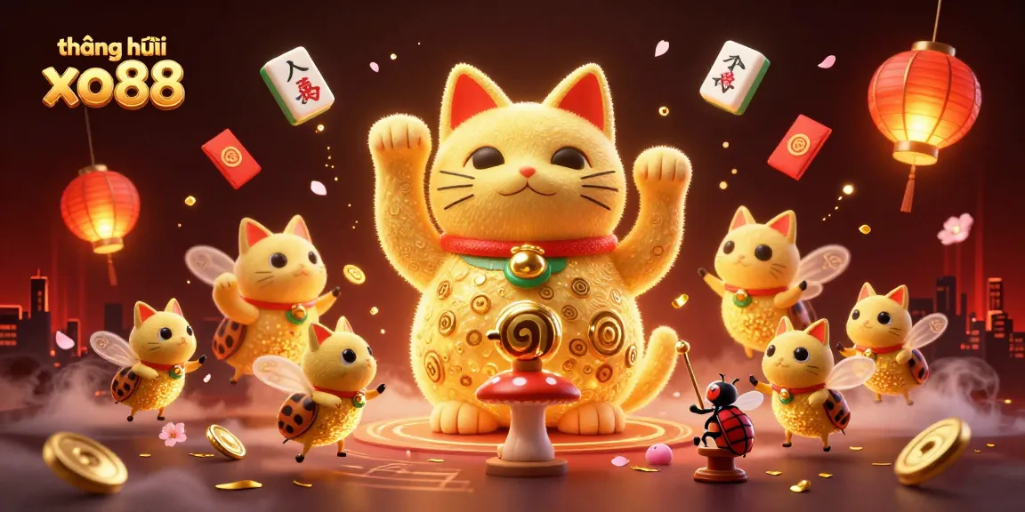 Experience vibrant casino excitement with thương hiệu xo88 in a lively 3D scene featuring a lucky cat and flying symbols.