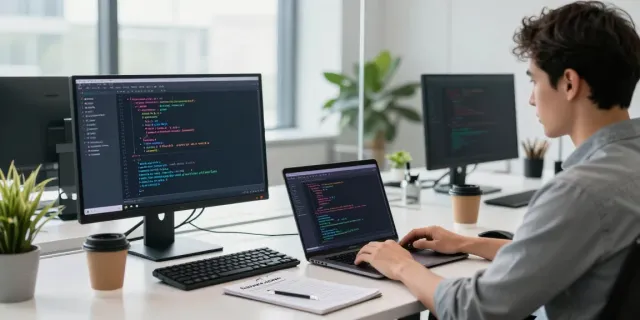 Programmer coding an instant indexing solution at a modern tech workspace