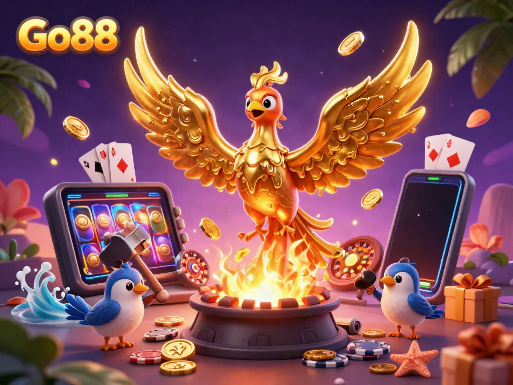 Experience the Go88 thrill with a golden phoenix and dynamic gaming elements in an engaging casino scene.
