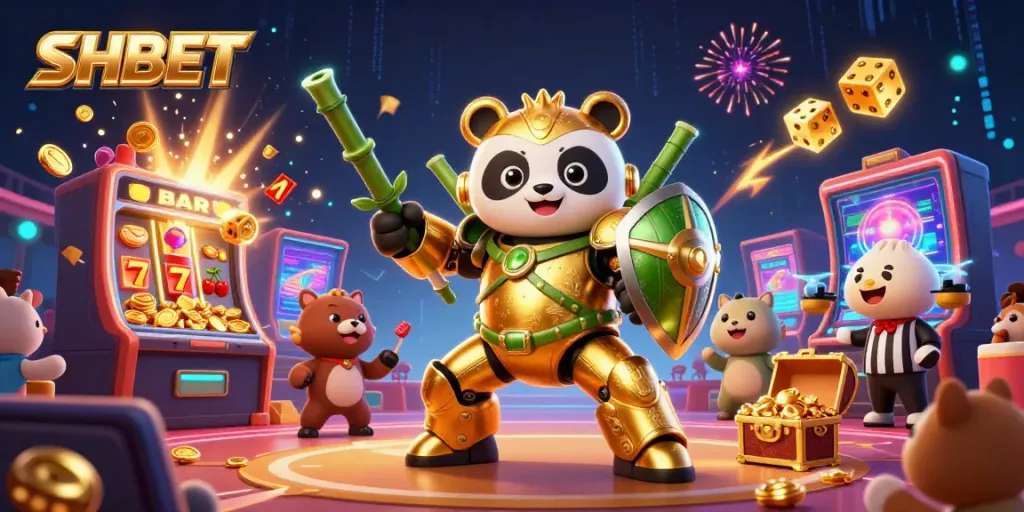 Experience thrilling games with SHBET's vibrant 3D casino illustration showcasing golden panda and gaming elements.