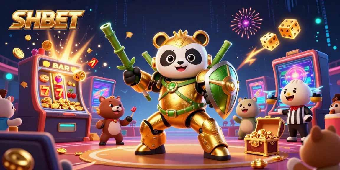 Experience thrilling games with SHBET's vibrant 3D casino illustration showcasing golden panda and gaming elements.