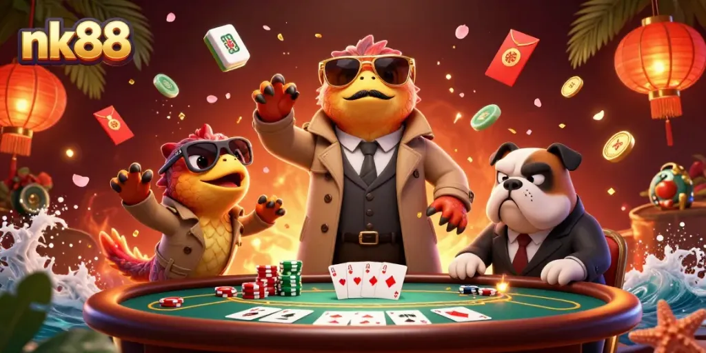 Join the fun at nk88 casino with cartoon raptors and poker elements for thrilling gameplay!