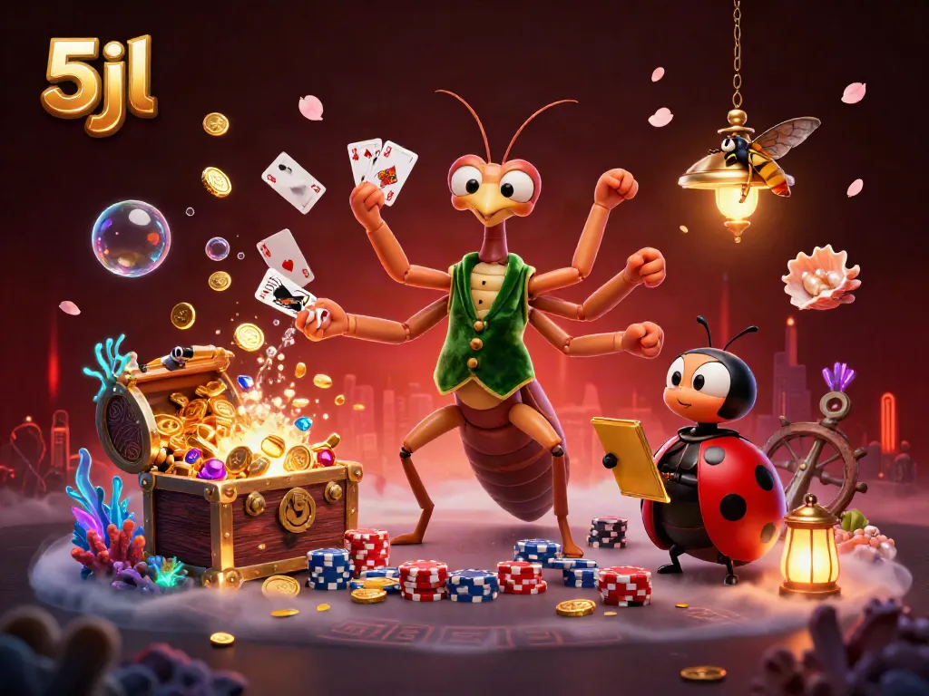 Engage in thrilling casino action with 5jl as the mantis card sharp deals cards among gold coins and vibrant gems.