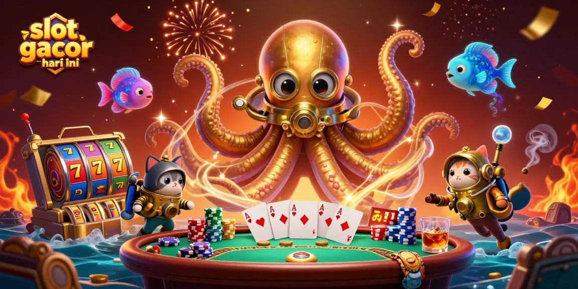 Experience the excitement of slot gacor hari ini with kraken, diving cat, and glowing fish in a vibrant casino scene.