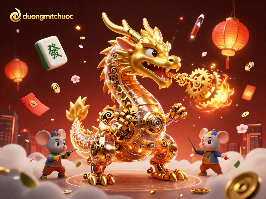 Engage in duongmatchuoc with vibrant elements featuring a golden dragon and mahjong tiles, celebrating Asian casino culture.