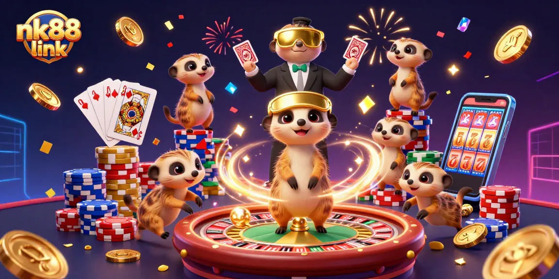 Engage with the vibrant nk88 link casino scene where meerkats celebrate wins with golden coins and slots.