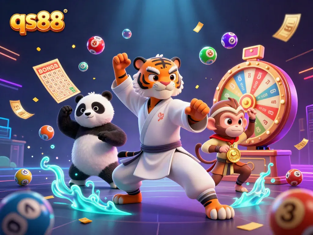 Engage with qs88's thrilling gaming experience, showcasing a vibrant lottery scene with playful characters.