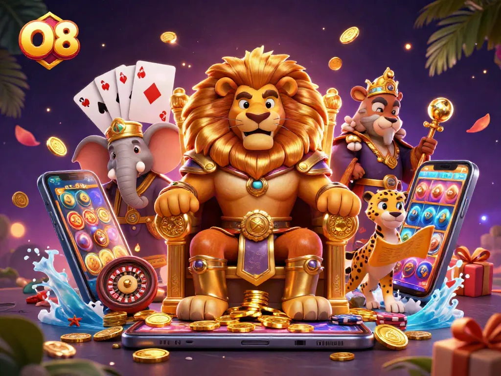 Spin to win with O8 as lion king and friends celebrate gaming success in a vibrant casino scene.