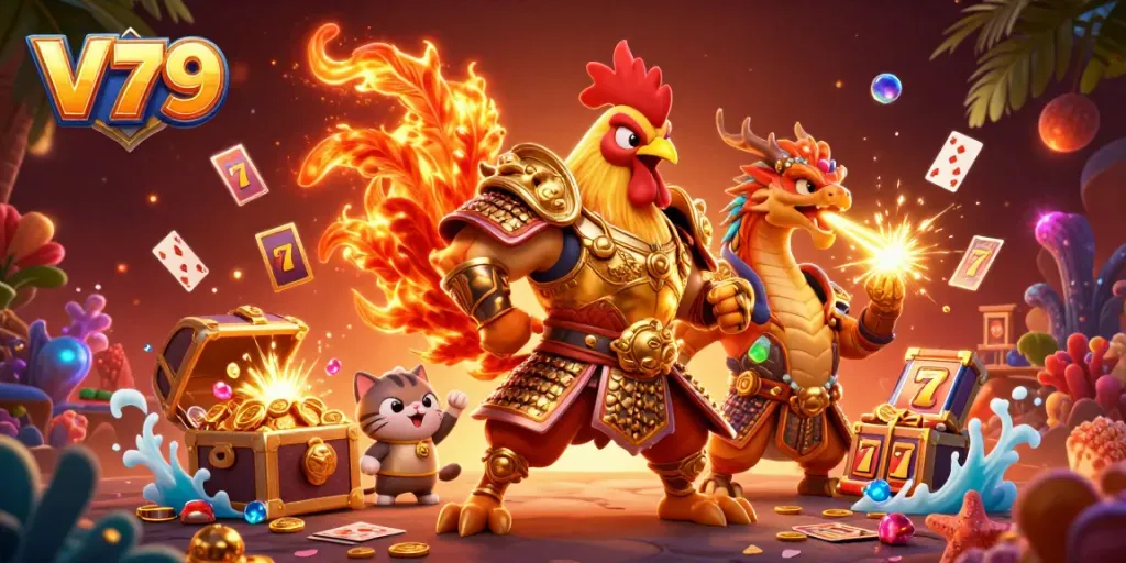 Experience the excitement of V79 with a fighting rooster and a dragon in a vibrant casino world.