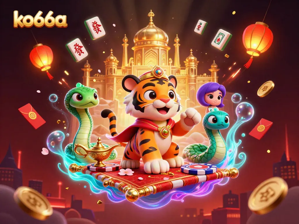Experience the thrill of gaming with ko66a's vibrant casino adventure illustration featuring a majestic tiger sultan.