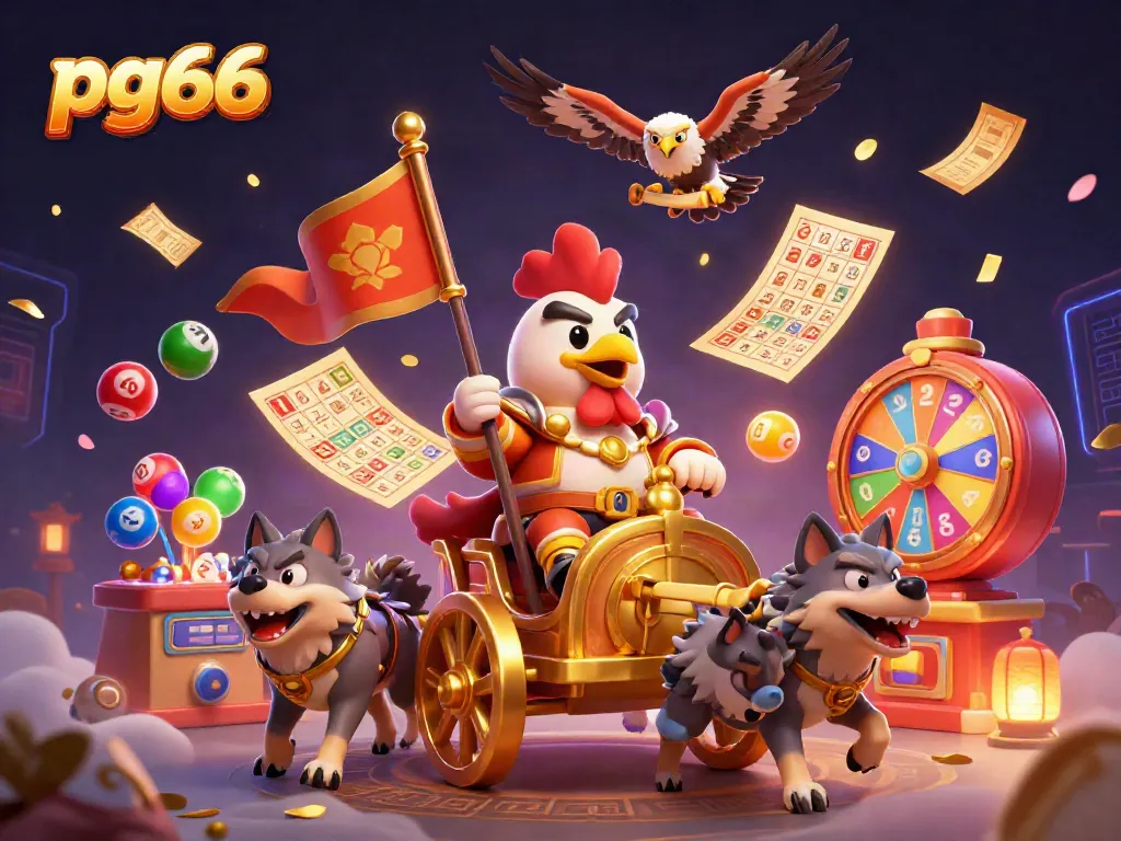 Experience exciting gaming with pg66 in an energetic casino-themed illustration featuring vibrant characters and elements.