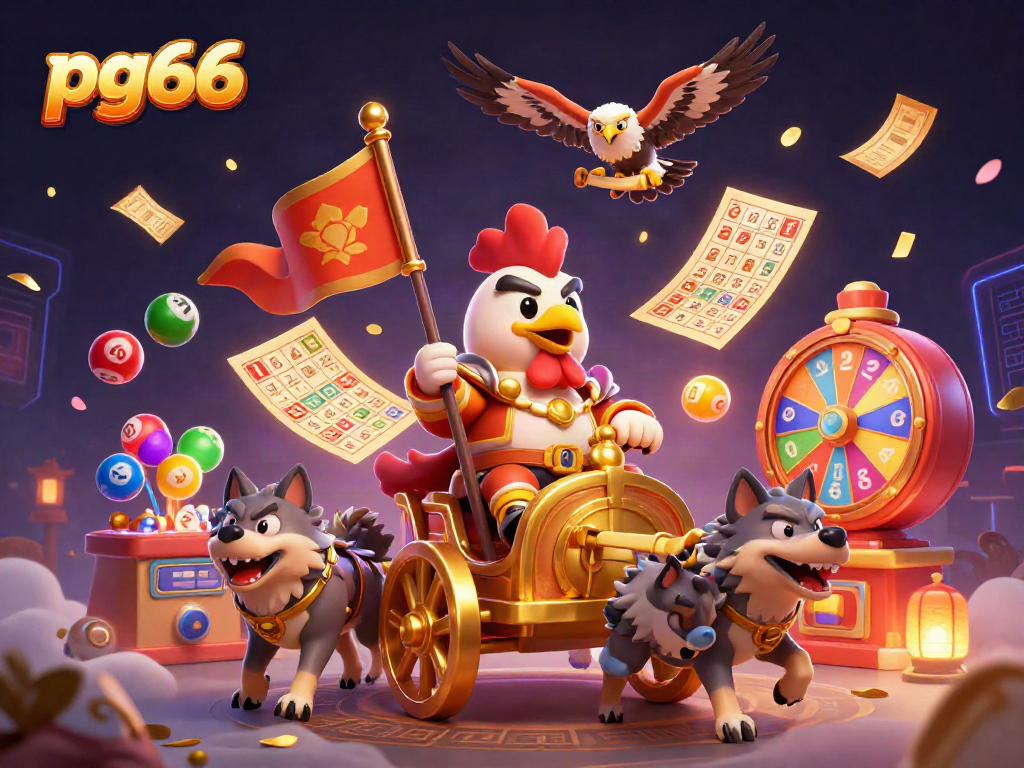 Experience exciting gaming with pg66 in an energetic casino-themed illustration featuring vibrant characters and elements.
