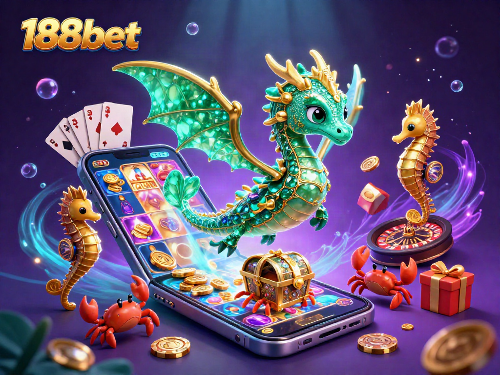 Experience thrilling wins with 188bet's vibrant casino scene featuring colorful slot games and treasure.
