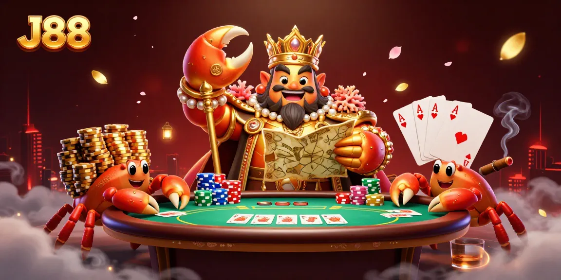 Experience J88’s thrilling gaming scene with a golden crab emperor surrounded by poker excitement.