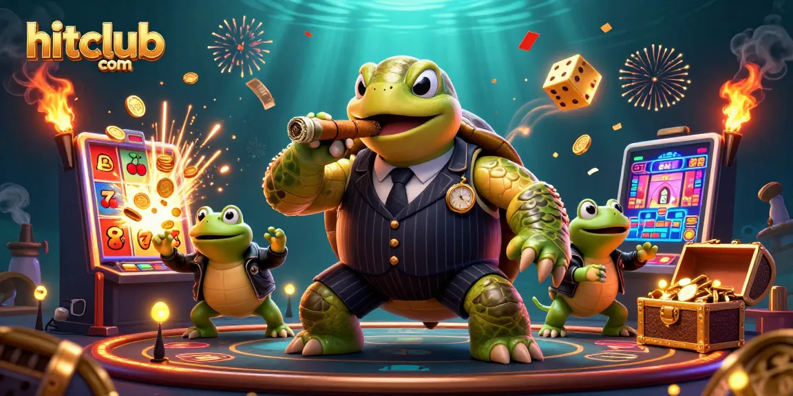 Join the fun at hitclub com, where a snapping turtle in a vintage suit celebrates a big jackpot!