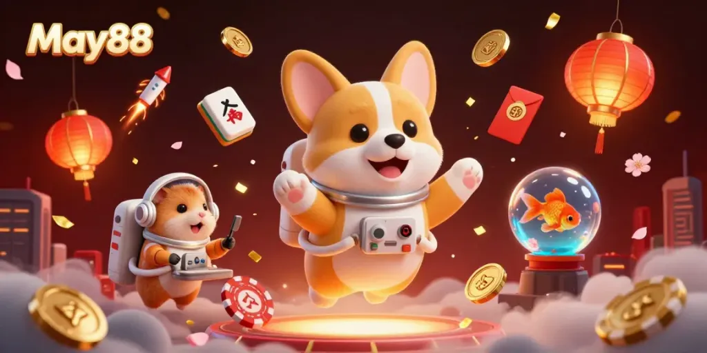 Experience thrilling gaming at May88 with a 3D astronaut corgi in a vibrant space casino.