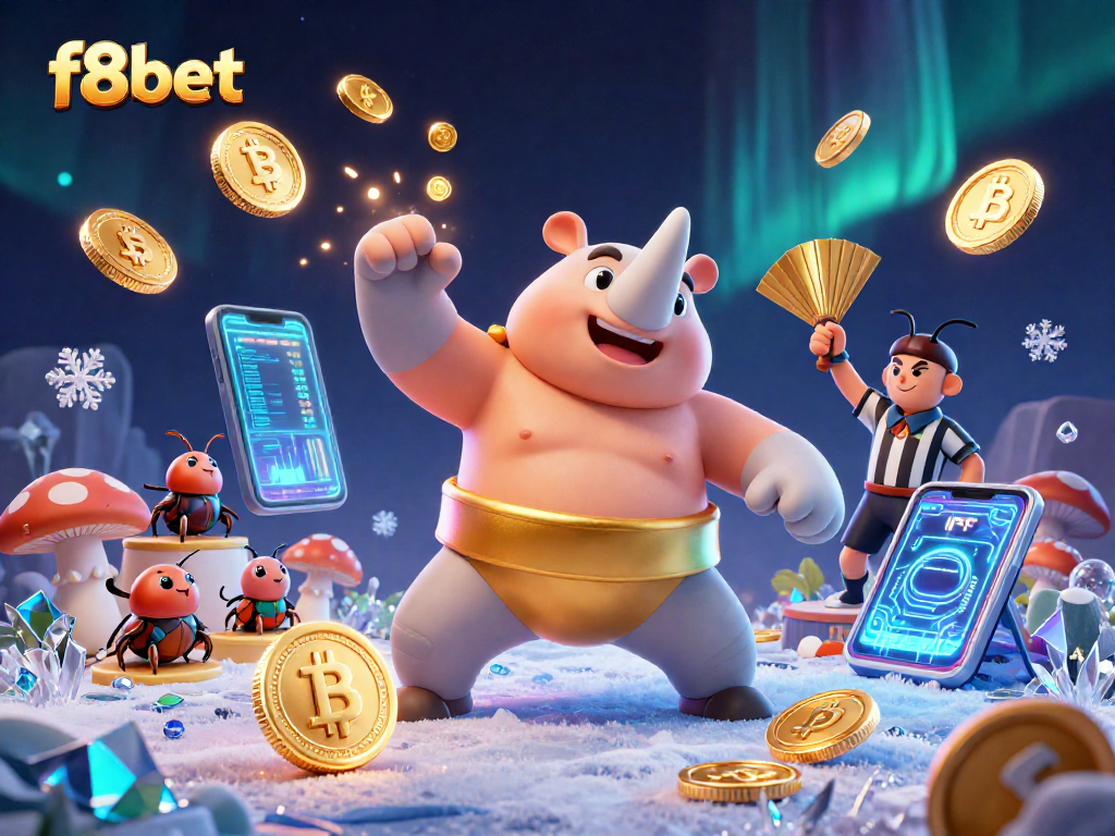 Witness the f8bet thrilling excitement with a sumo beetle champion amidst flying coins and crypto elements.