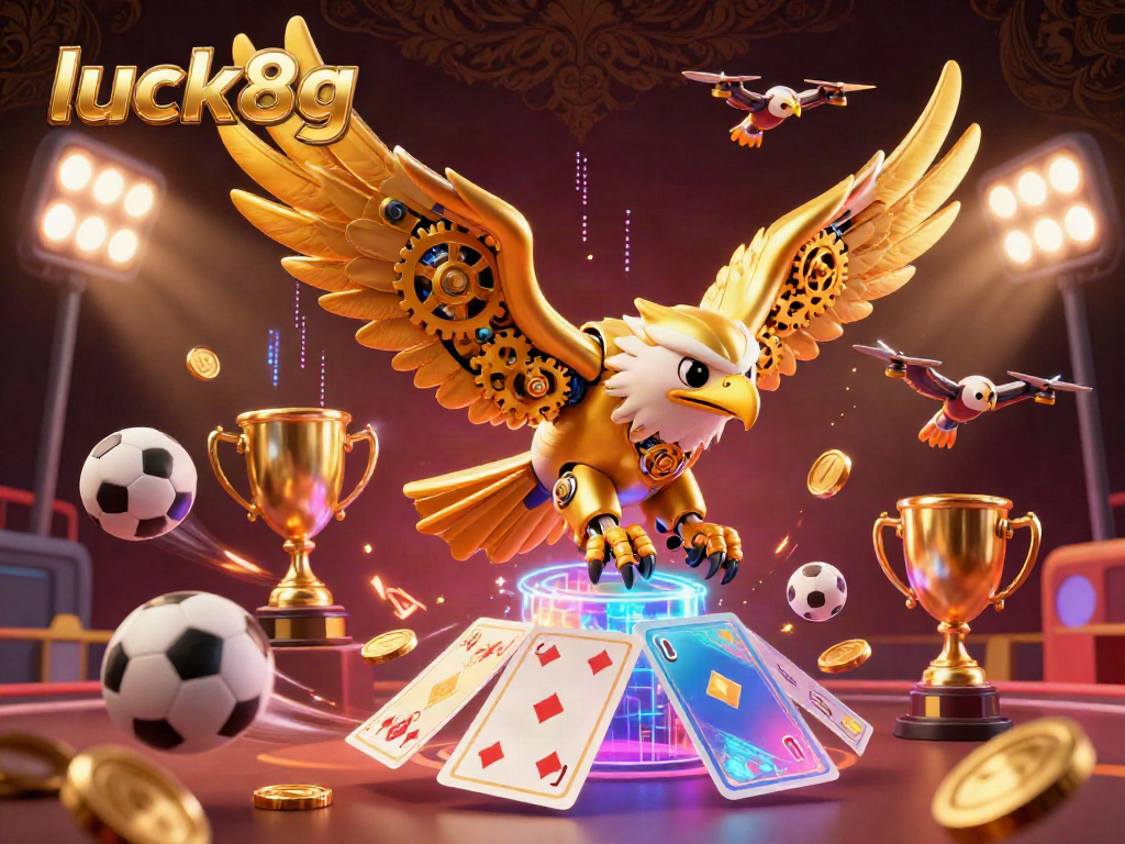 Join the excitement with luck8g, as a cybernetic eagle soars through a thrilling casino scene filled with holographic cards and sports elements.