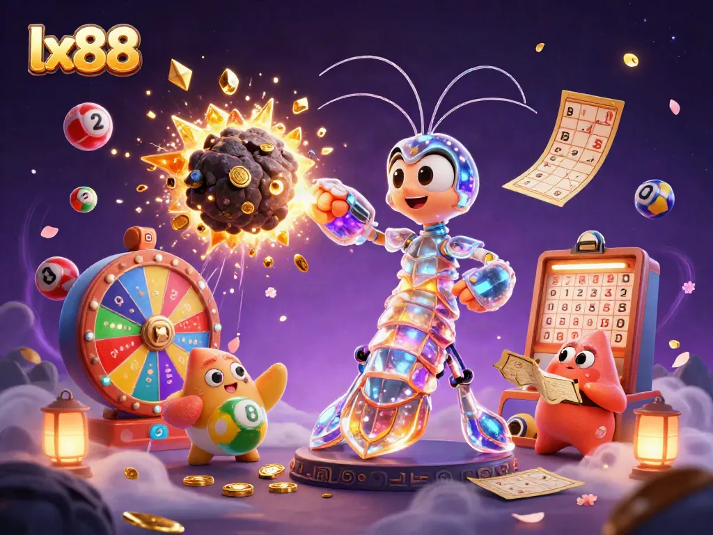 LX88 enhances gaming excitement with a vibrant, dynamic 3D illustration showcasing stellar characters and thrilling games.