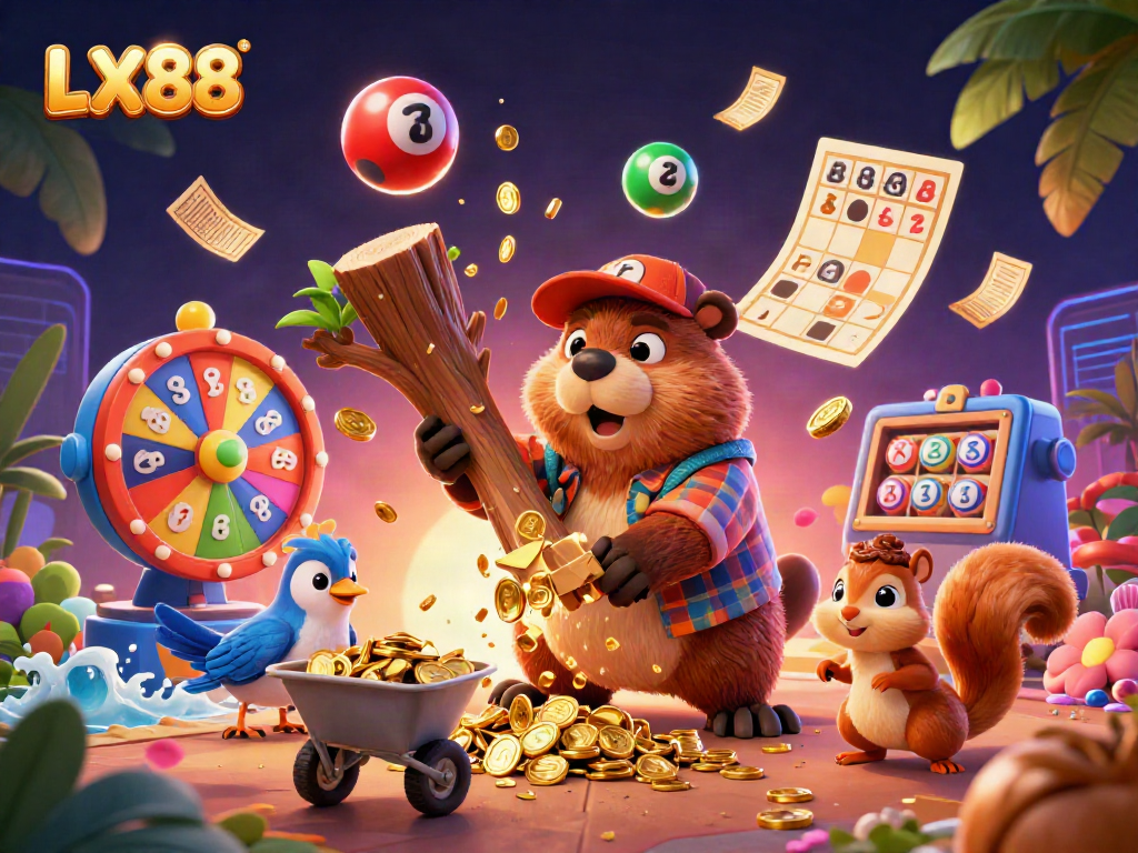 Experience the thrilling gameplay of LX88 with 3D cartoon beaver collecting golden coins in a vibrant casino illustration.