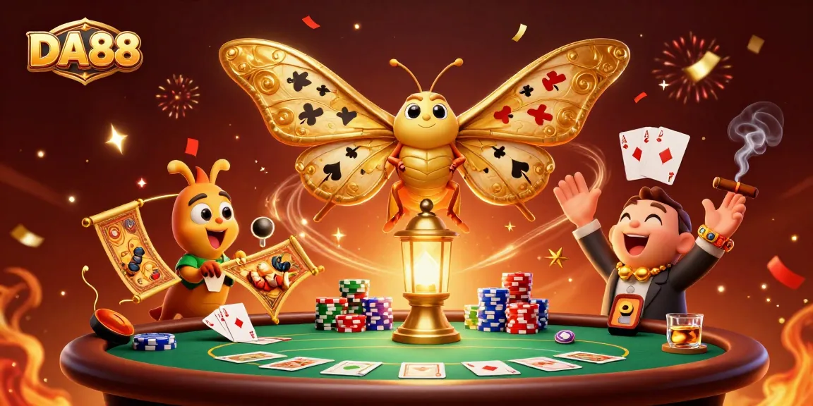 Engage in high-stakes poker battles with DA88 surrounded by vibrant casino elements.