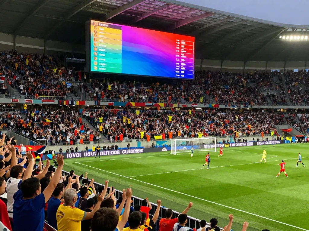 Xoilactv soccer match with fans celebrating a goal in a packed stadium.