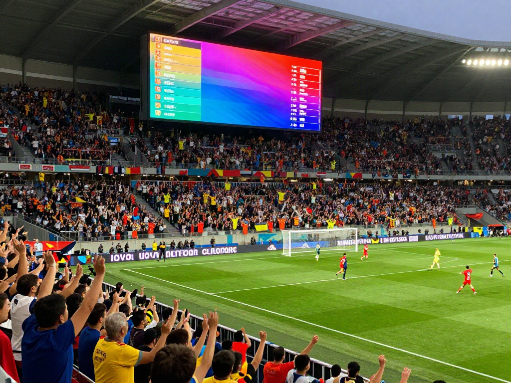 Xoilactv soccer match with fans celebrating a goal in a packed stadium.