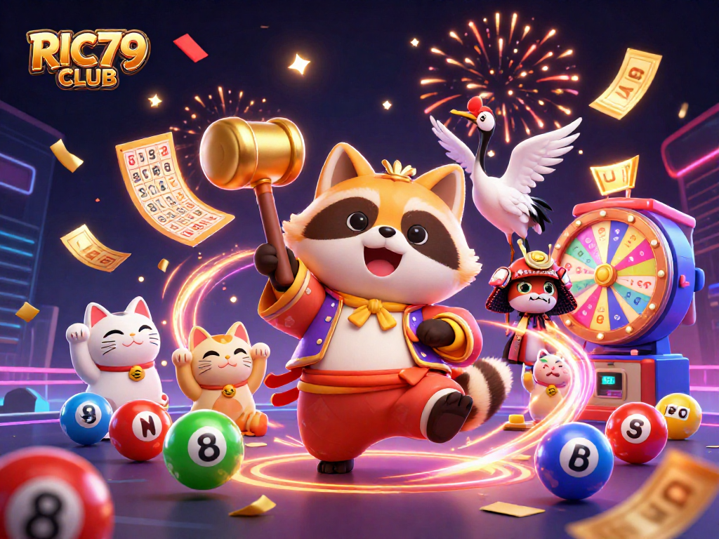 Experience RIC79 CLUB's lively gaming scene with cheerful tanuki, lucky symbols, and lottery excitement.