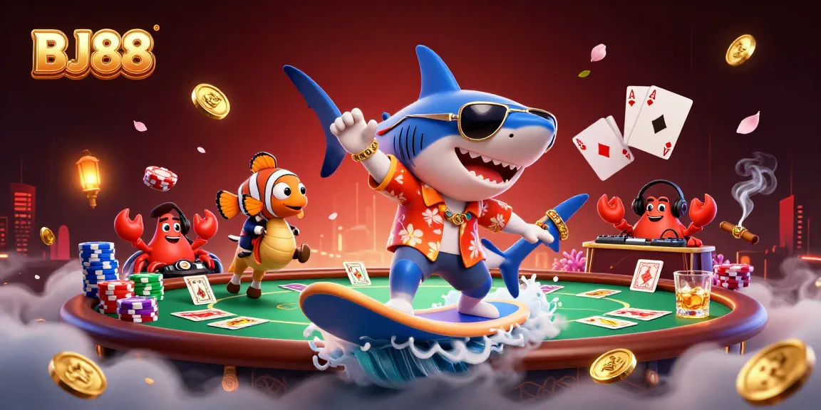 Experience the excitement of BJ88 with a vibrant illustration of a shark-themed online casino scene.