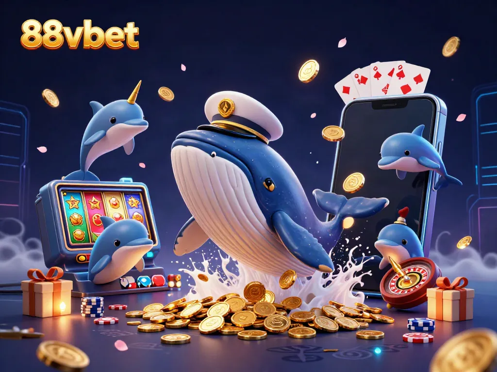 Discover the thrilling world of 88vbet with casino elements and a vibrant cartoon whale in action.