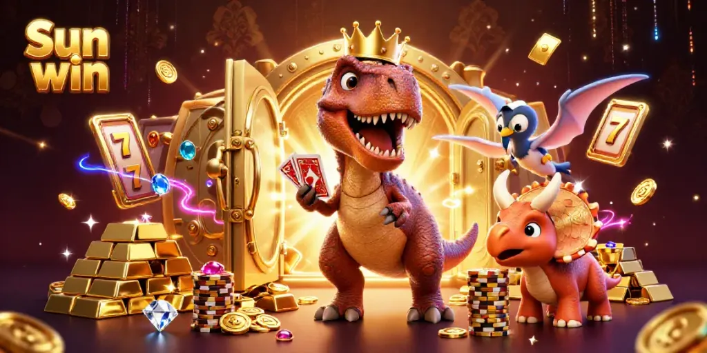 Experience the thrill of Sun win with a lively T-Rex shuffling cards and vibrant casino elements.