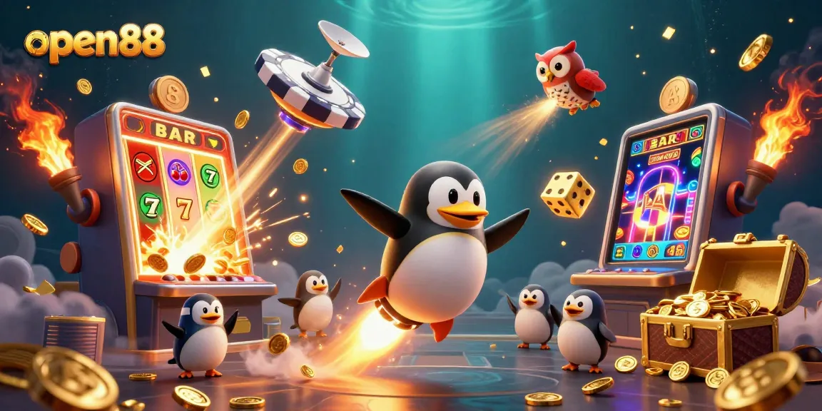 Experience the excitement of open88 with a golden penguin soaring through a dynamic casino space scene.
