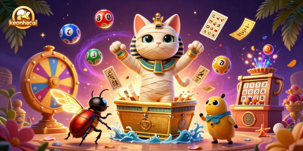 Engage in thrilling keonhacai betting action with a mummy cat and vibrant lottery elements.
