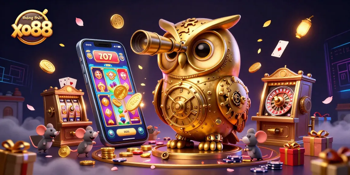 Experience the thrill of thương hiệu xo88 in a vibrant casino scene with a clockwork golden owl and lively wind-up mouse patrons.