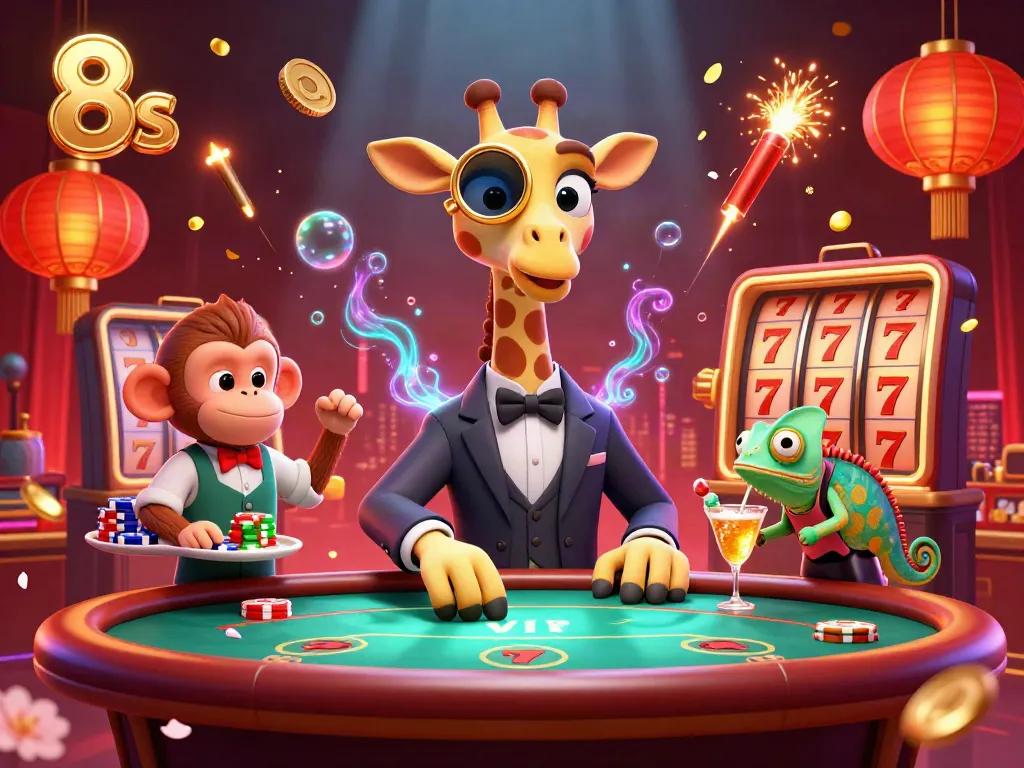 Experience the excitement of 8s with a high-roller giraffe at a VIP poker table and vibrant casino elements.