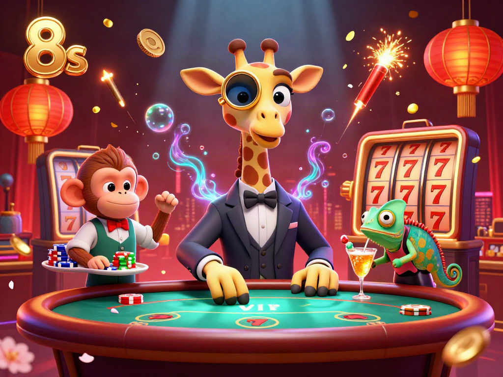Experience the excitement of 8s with a high-roller giraffe at a VIP poker table and vibrant casino elements.