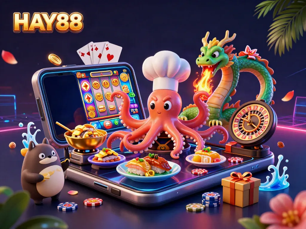 Experience HAY88 excitement as a sushi chef octopus prepares winning dishes with casino fun elements.