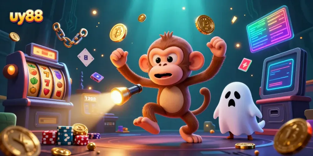 Catch thrills with uy88 in a vibrant mischievous poltergeist monkey scene juggling golden casino objects.
