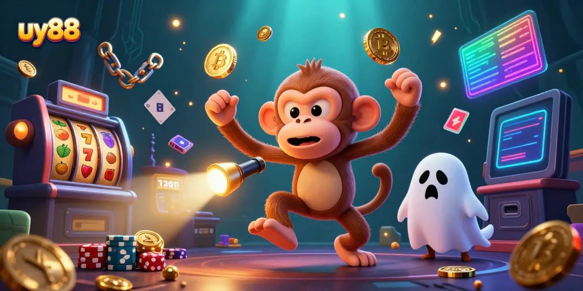 Catch thrills with uy88 in a vibrant mischievous poltergeist monkey scene juggling golden casino objects.