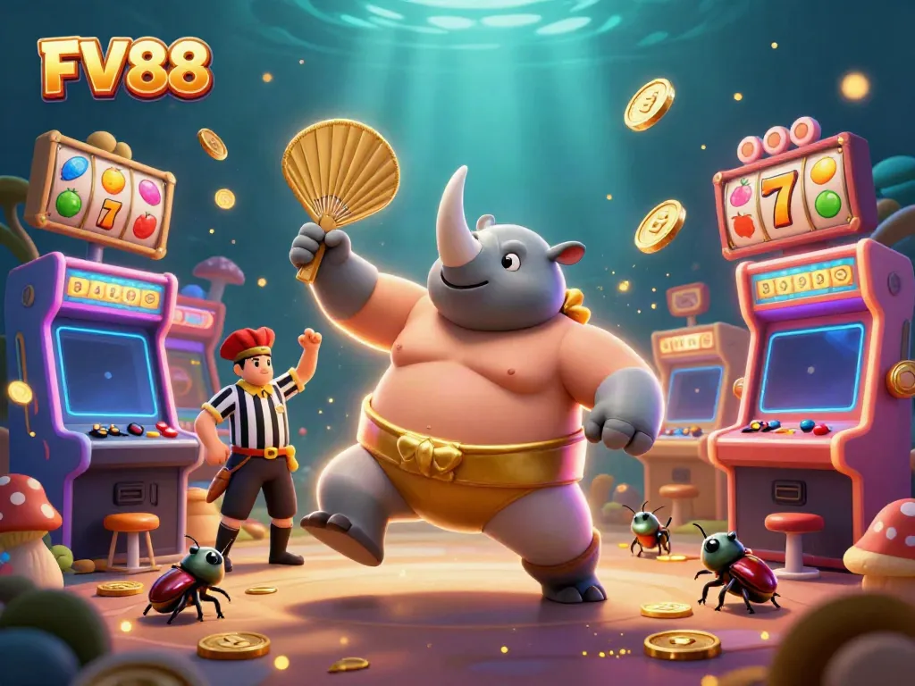 Experience the thrill of FV88 in this dynamic casino scene with vibrant game elements and lively characters.