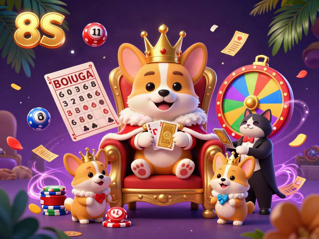 Experience the royal 8S casino scene with a cartoon corgi crowned in riches amidst vibrant gambling elements.
