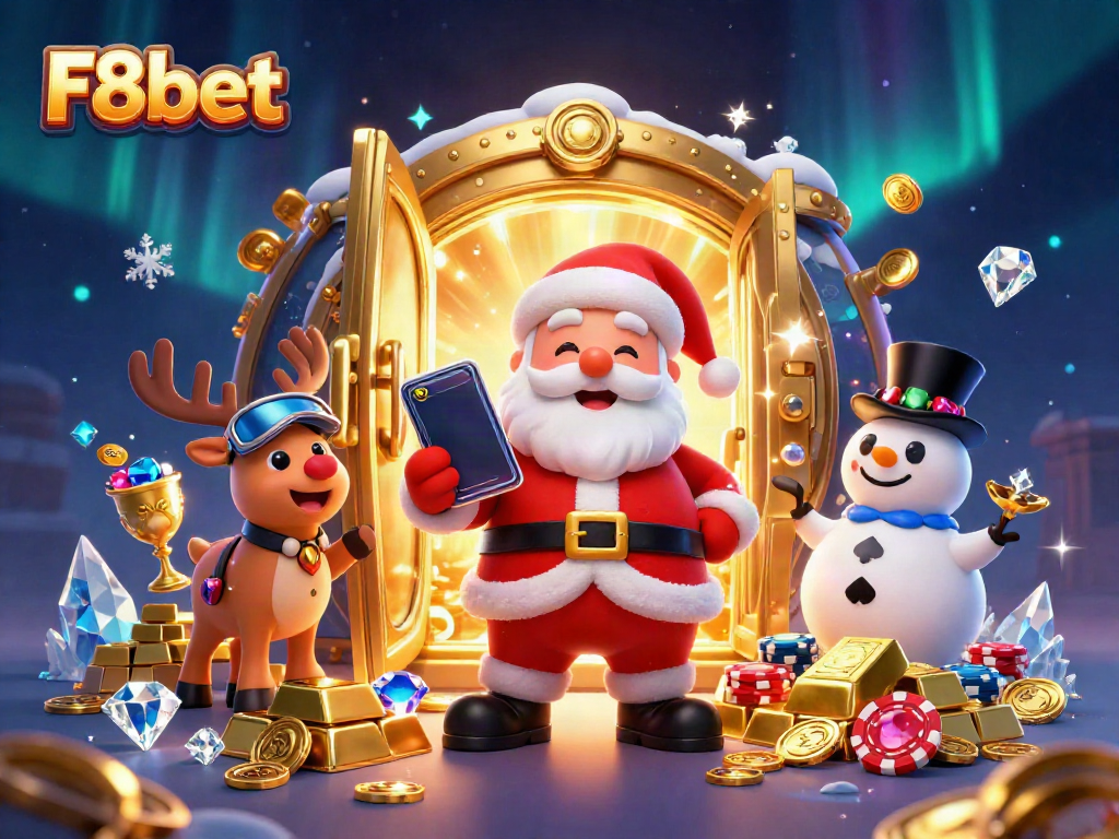 Join F8bet's festive scene with Santa and friends celebrating big slot wins at a glamorous casino.