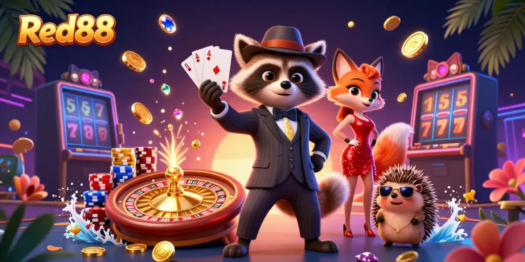 Spin the roulette and win at Red88, with vibrant characters and dazzling casino elements showcased.
